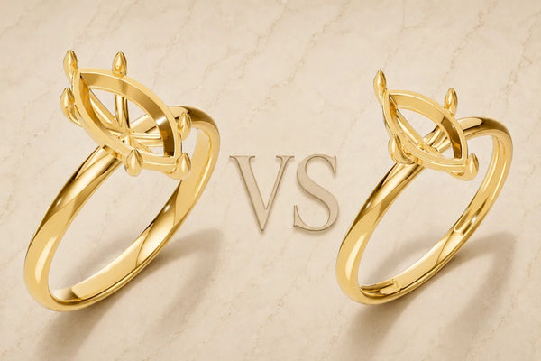Four prong vs six prong diamond ring setting comparison in yellow gold