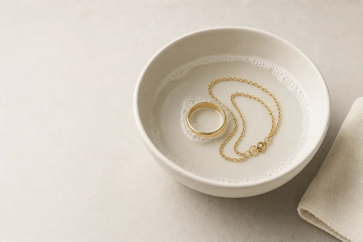 Gold rings and chains being cleaned in warm soapy water