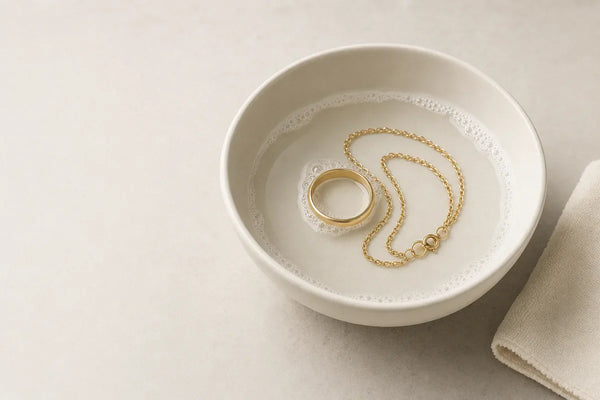 Gold rings and chains being cleaned in warm soapy water