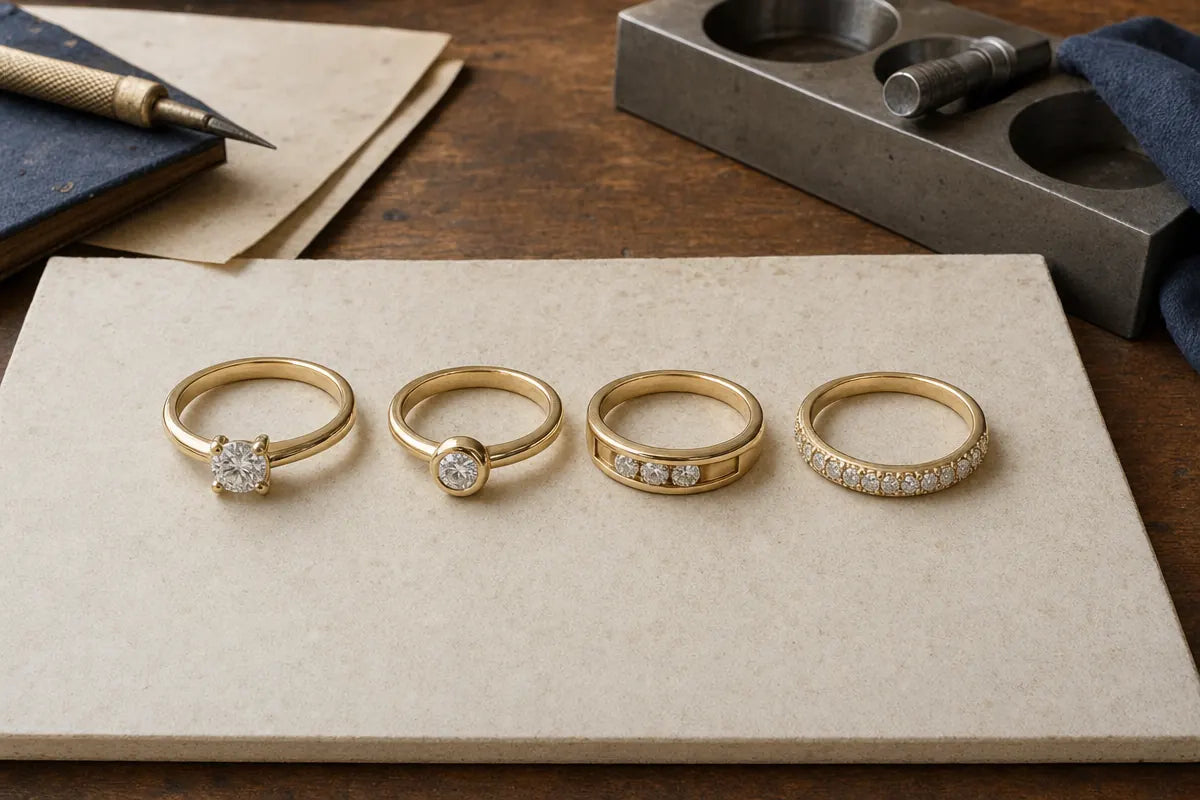 Different types of ring settings: prong, bezel, pave, and channel