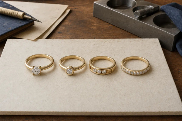 Different types of ring settings: prong, bezel, pave, and channel